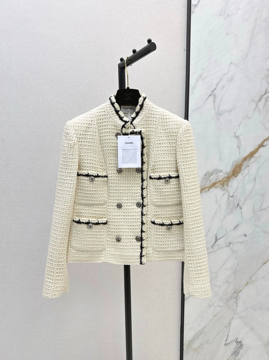 C 25 New double-breasted woven tape trim design stand collar jacket