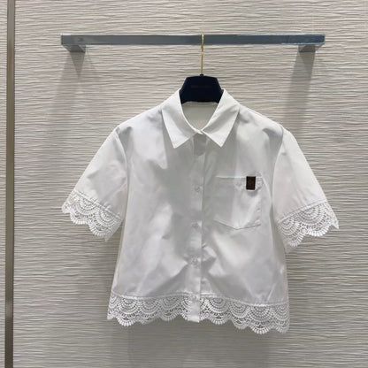 L 25 New splicing lace pocket short sleeve shirt shorts set