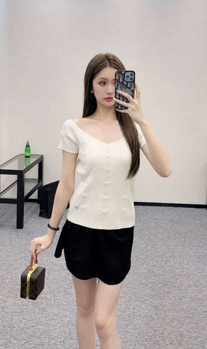 C 25 Spring and Summer New Three-dimensional Crochet Knitted Short-sleeved Top(pink white blue black)