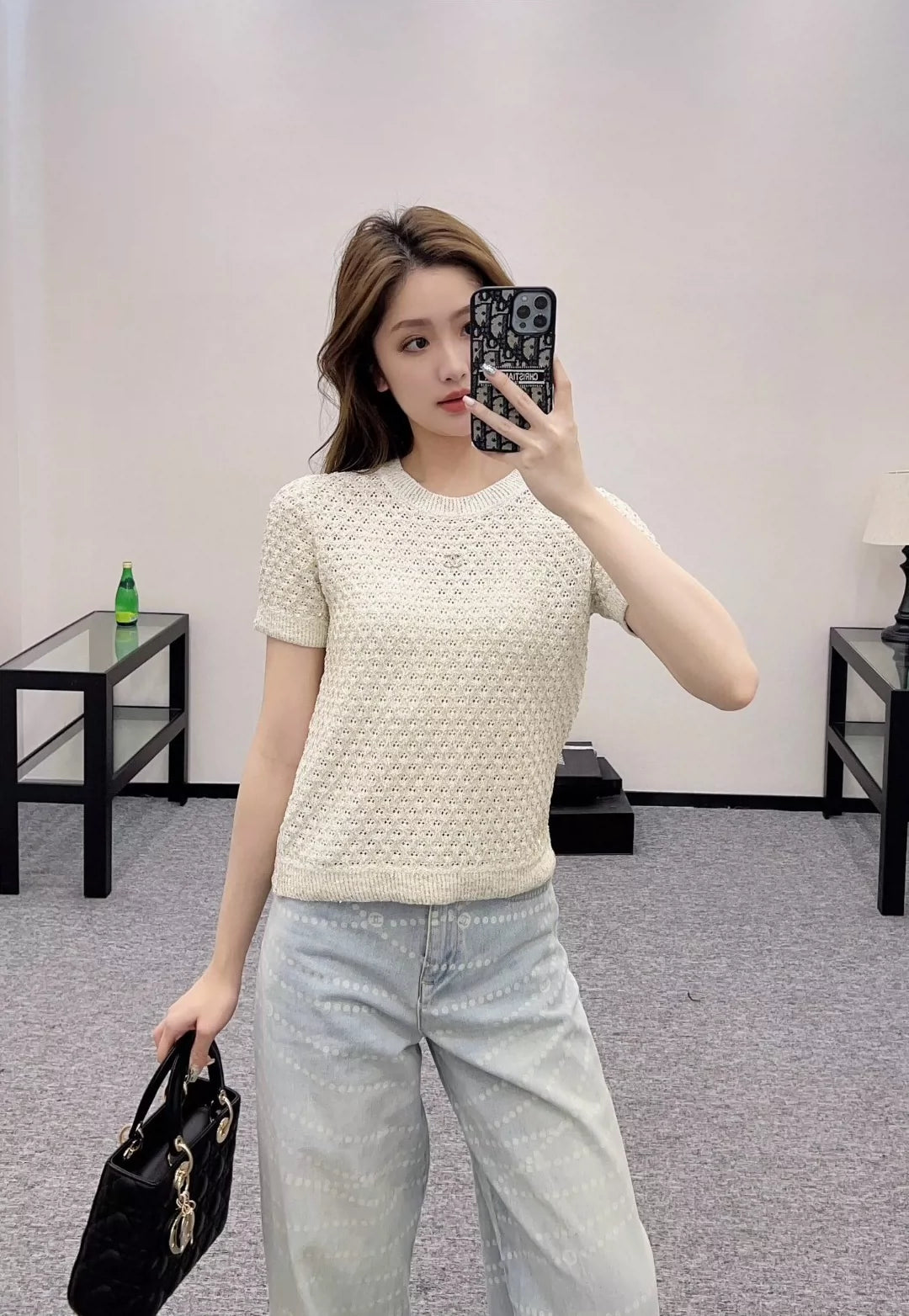C 25 Beaded Micro Sheer Knit Short Sleeve Top(white pink black)