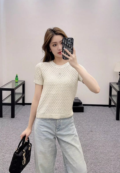 C 25 Beaded Micro Sheer Knit Short Sleeve Top(white pink black)