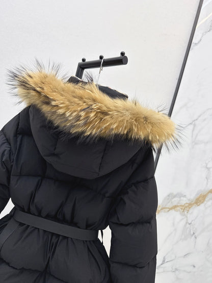 Bru 25 Waist waistband long down jacket ，raccoon fur collar(BLACK/WHITE/KHAKI)