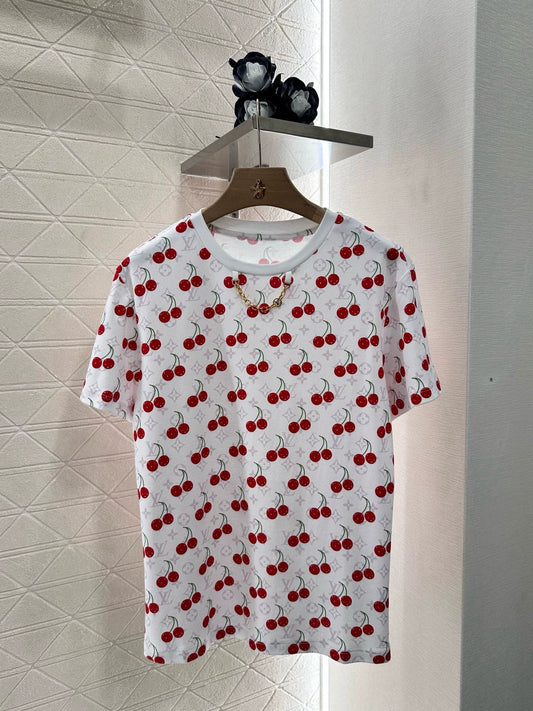 L 25 Vibrant Cherry Print Round Neck Short Sleeve T-Shirt