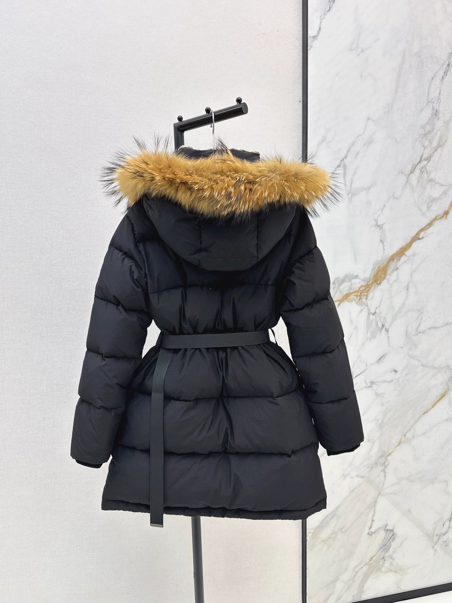 Bru 25 Waist waistband long down jacket ，raccoon fur collar(BLACK/WHITE/KHAKI)