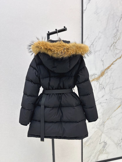 Bru 25 Waist waistband long down jacket ，raccoon fur collar(BLACK/WHITE/KHAKI)