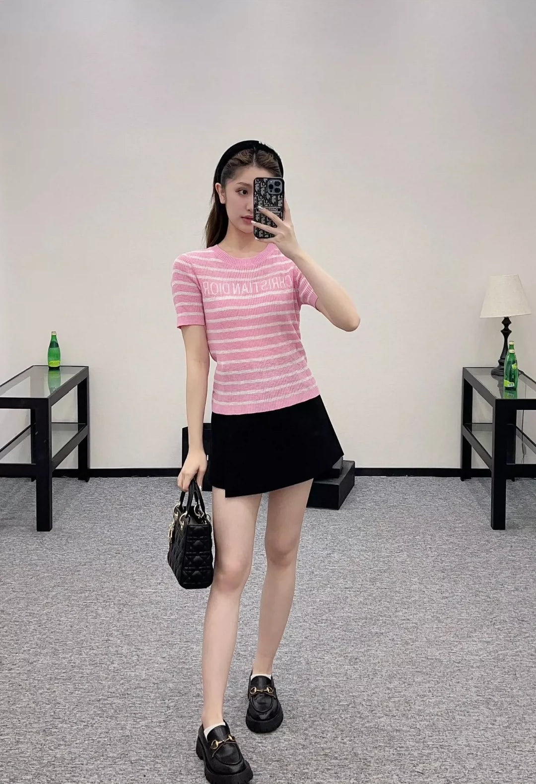 D 25 Spring and Summer new striped knitted short-sleeved top(black,white,pink)