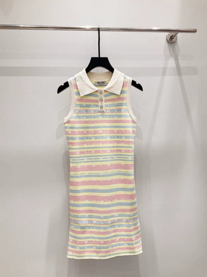 M 25 new full print letter jacquard striped polo collar sleeveless knitted dress