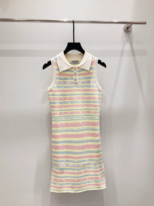 M 25 new full print letter jacquard striped polo collar sleeveless knitted dress