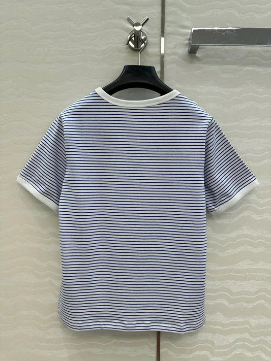 CE 25 College style blue striped cotton letter short-sleeved T-shirt