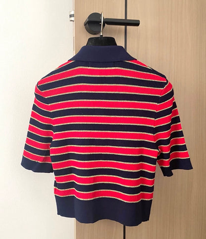 V 25 new striped embroidery button collar short sleeve knit(Red\white)
