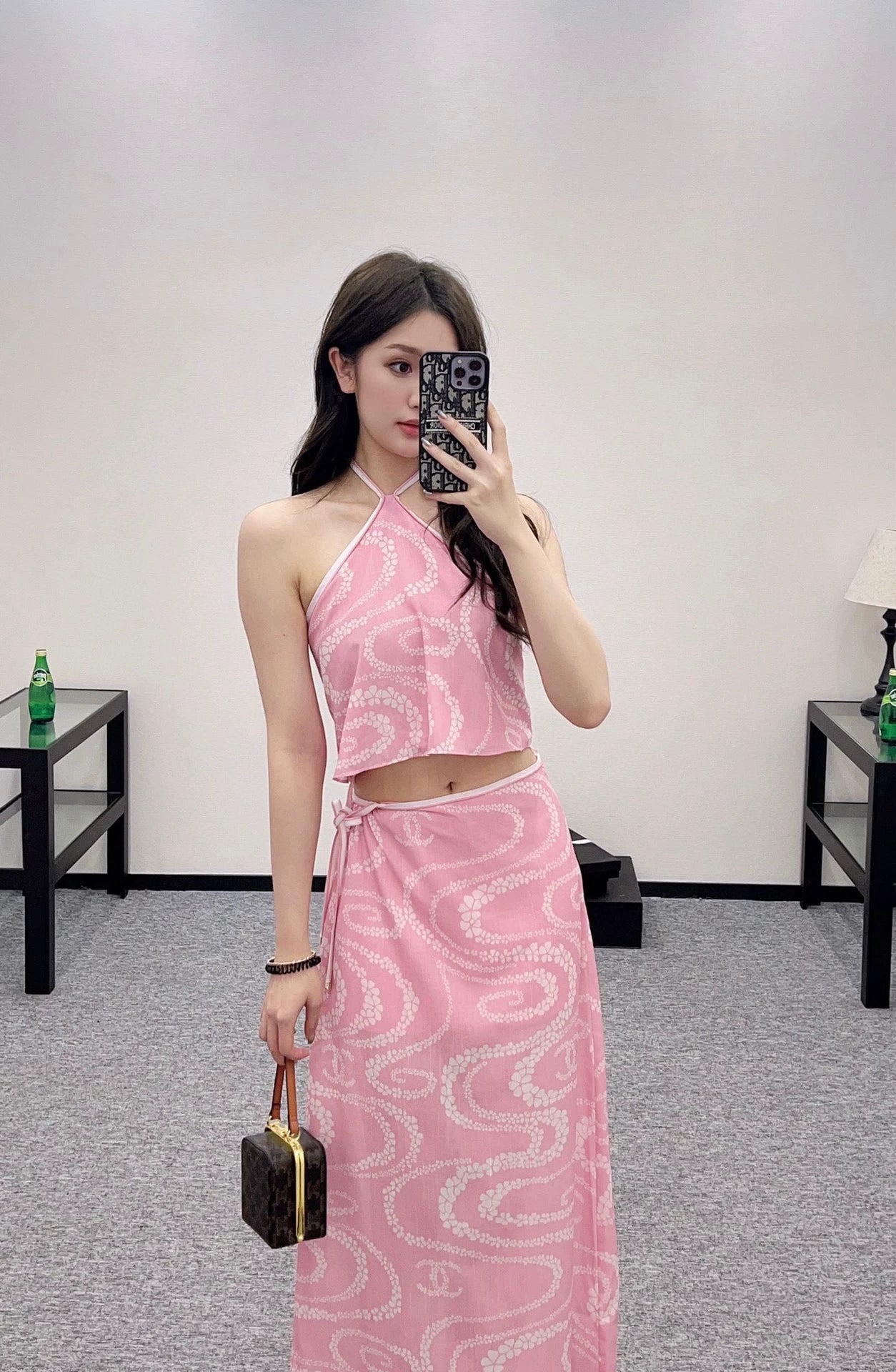 C 25 Printed Halter Neck Tank Top and Long Skirt Set
