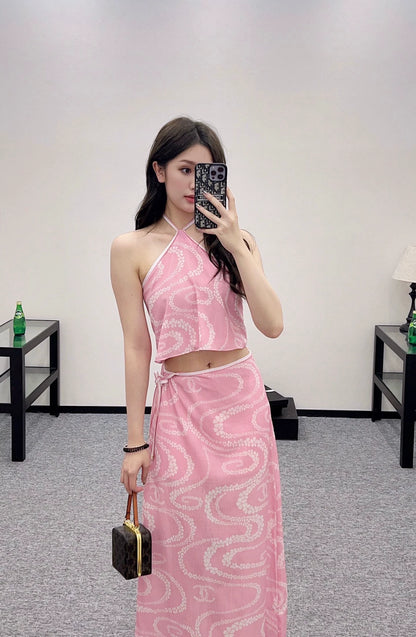 C 25 Printed Halter Neck Tank Top and Long Skirt Set