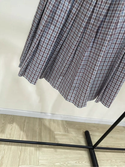 M 25 Summer new style mesh outer-turned dark red fine check mid-length skirt