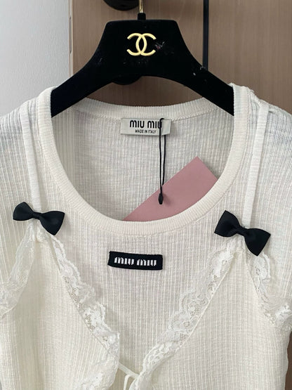 M 25 New Lace Lace Logo Short Sleeve False Two Piece Knit Top(white gray blue)