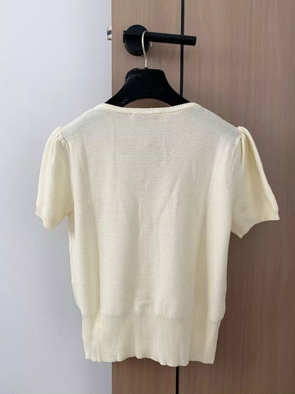 M 25 new color collision letters V-neck knit cardigan short sleeve