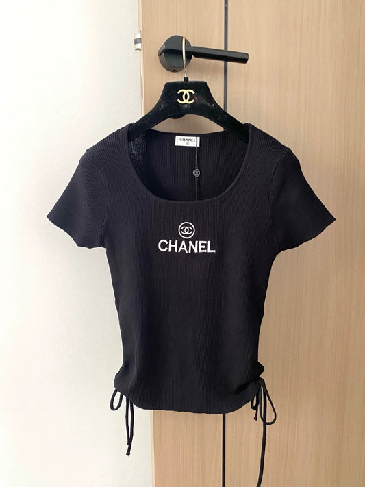 C 25 new embroidered letter drawstring U-neck short-sleeved knitted top