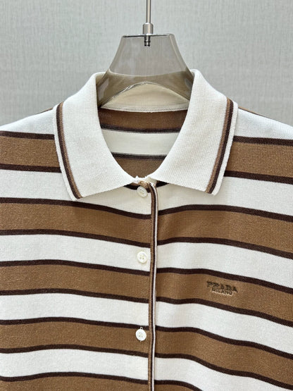 P 25 new letter embroidery contrast stripes single-breasted lapel short-sleeved knitted cardigan
