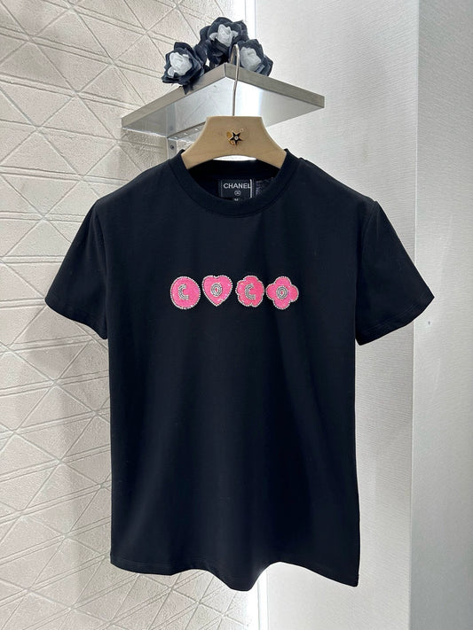 C 25 Embroidered Beaded Letter Short Sleeve T-Shirt