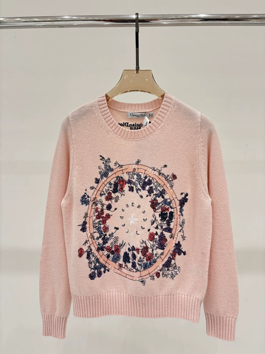 D 25 new letter star flower embroidery jacquard simple casual knitted long-sleeved top