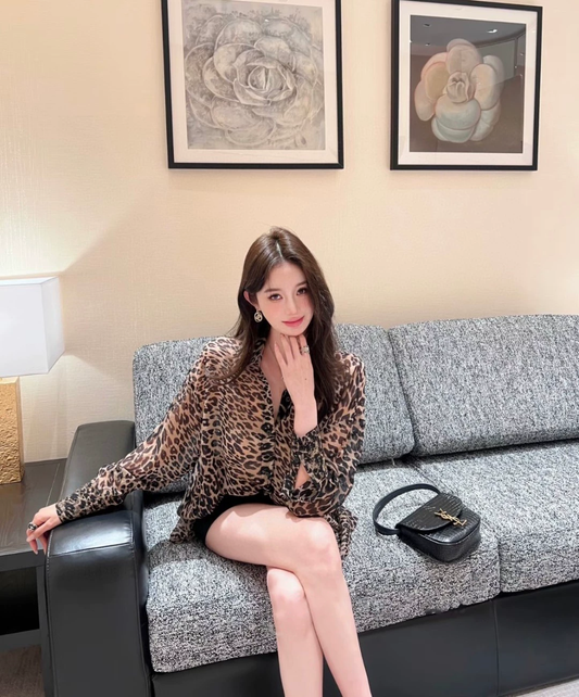 Y 25 New Leopard Print Lightweight Slightly Transparent Lapel Long Sleeve Shirt