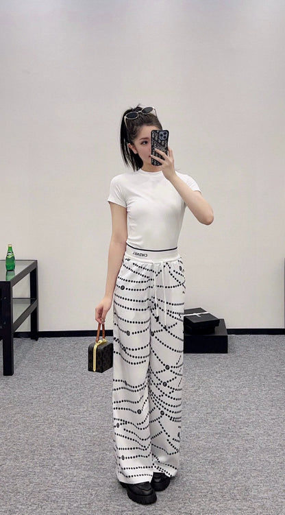 C 25 Pearl Chain Drawstring Straight Leg Pants