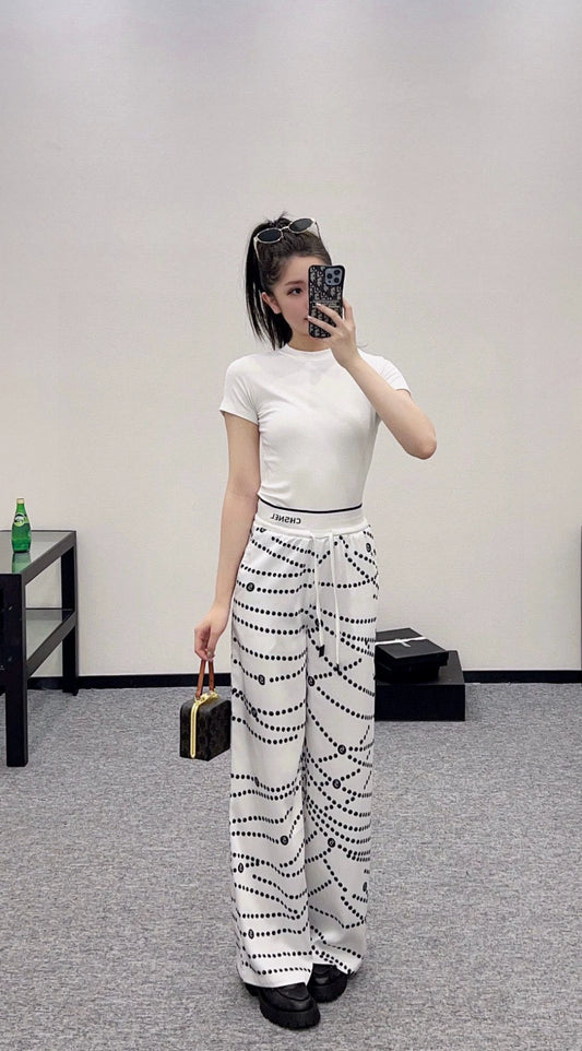 C 25 Pearl Chain Drawstring Straight Leg Pants