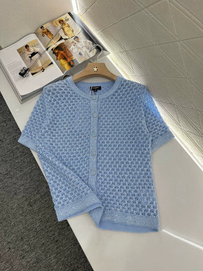 C 25 New Beaded Silver Silk Knit Short Sleeve Cardigan(WHITE BLUE PINK)