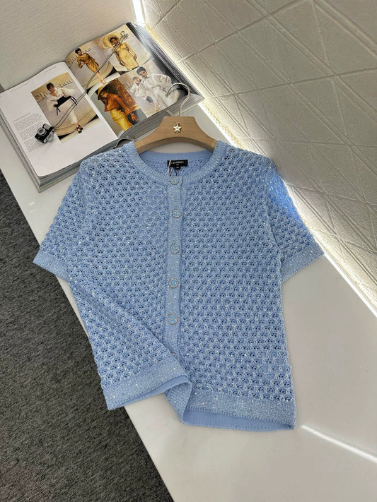 C 25 New Beaded Silver Silk Knit Short Sleeve Cardigan(WHITE BLUE PINK)