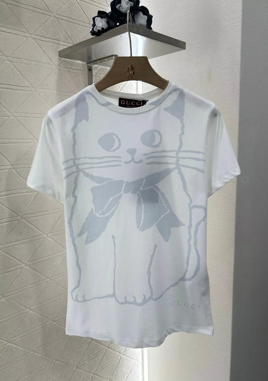 G 25 Spring/Summer New Cute Cat Printed Cartoon Round Neck Short Sleeve T-Shirt