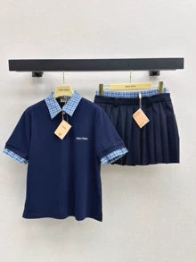 M 25 spring and summer new patchwork plaid polo shirt + short half skirt + mid-length half skirt