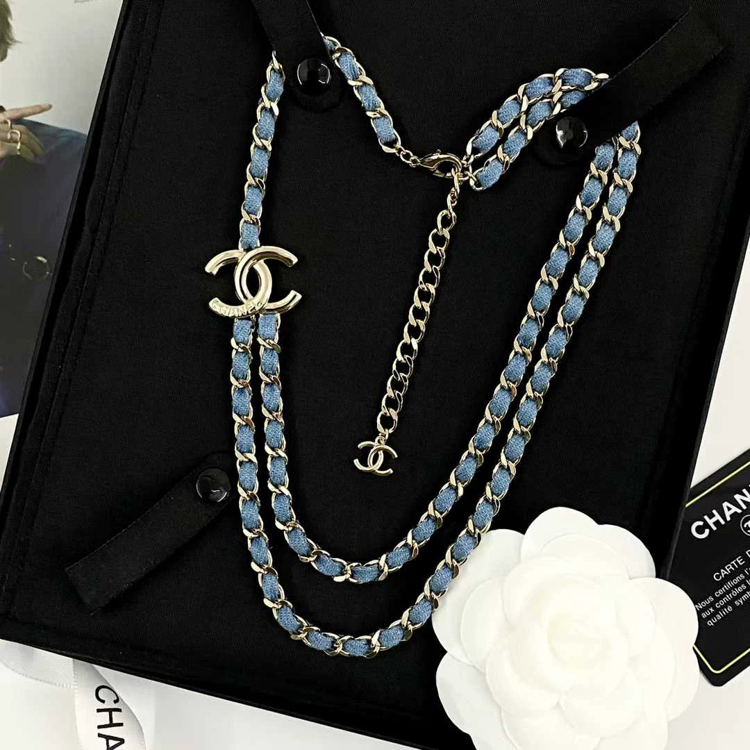 25 new leather chain denim blue double necklace