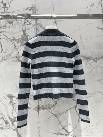 M 25 new logo contrast stripe zipper long sleeve knitted cardigan