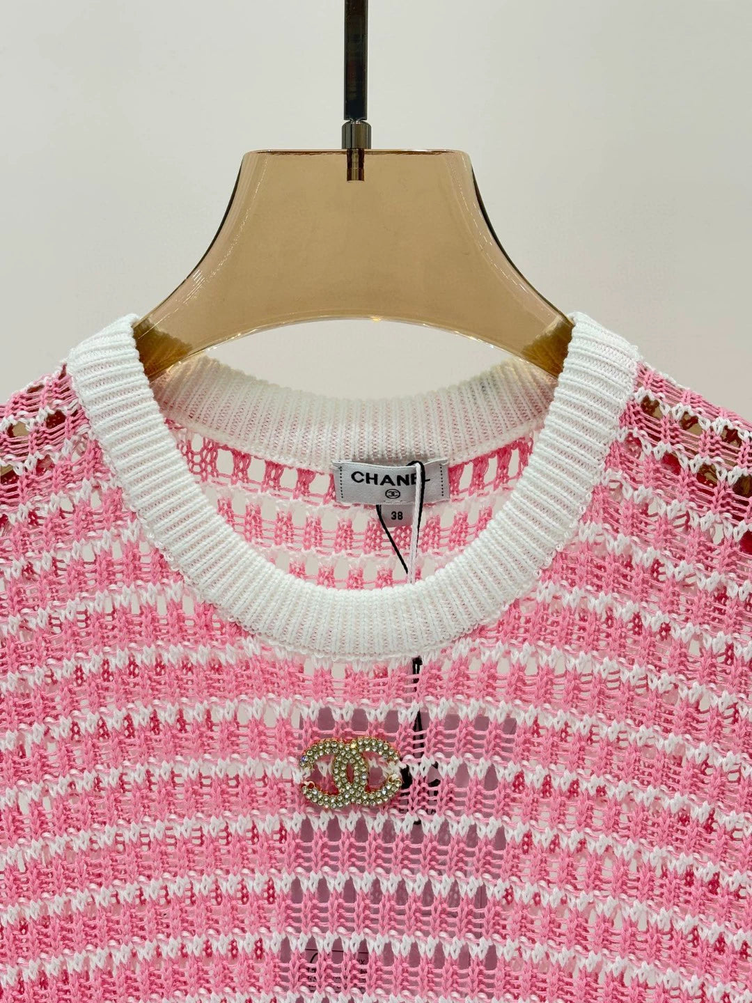 C 25 Summer New Round Neck Letter Logo Diamonds Logo Hollow Out Casual Knit Short Sleeve