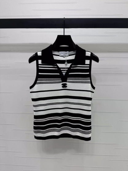 C 25 New Spring/Summer V-neck Embroidered Striped Knit Top Vest