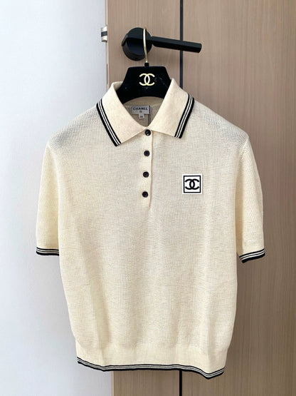 C 25 new hollow striped lapel short sleeve knitted