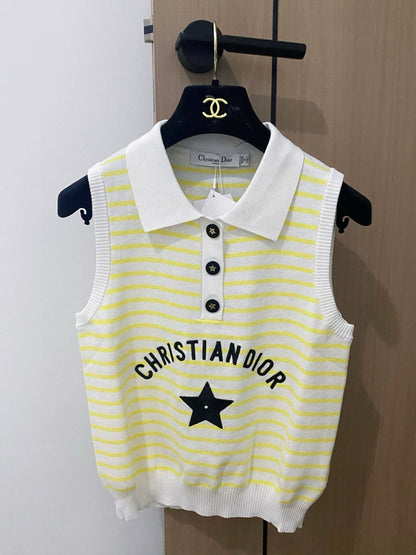 D 25 New Star Letter Embroidery Clashing Color Stripe Button Lapel Sleeveless Knit Tank Top