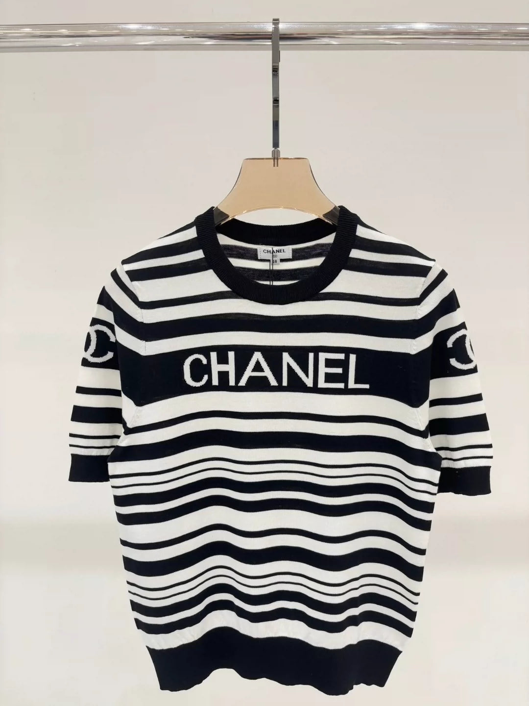 C 25 Summer New Black and White Striped Letter Logo Jacquard Knitted Short Sleeves