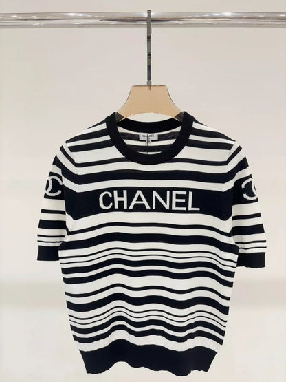 C 25 Summer New Black and White Striped Letter Logo Jacquard Knitted Short Sleeves