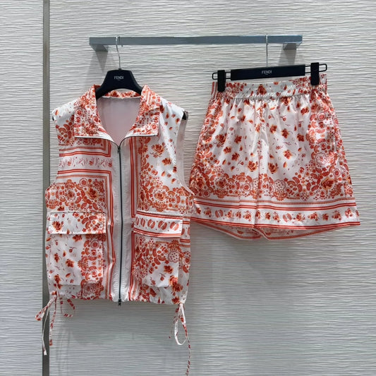 F 25 New Printed Pocket Drawstring Zipper Vest Shorts Set