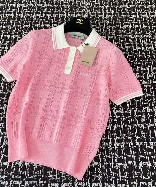 M 25 New Clashing Buttons Lapel Short Sleeve Knit (White Pink Yellow)