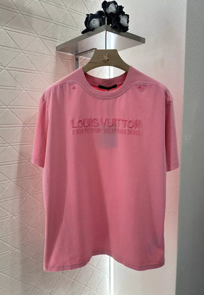 L 25 summer new washed embroidery letters broken hole round neck short sleeve T-shirt
