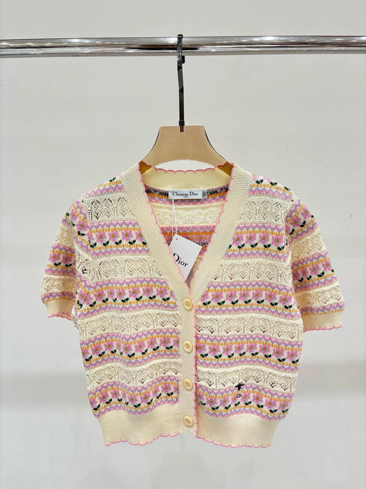 C 25 spring and summer new round neck striped hollow print knit cardigan