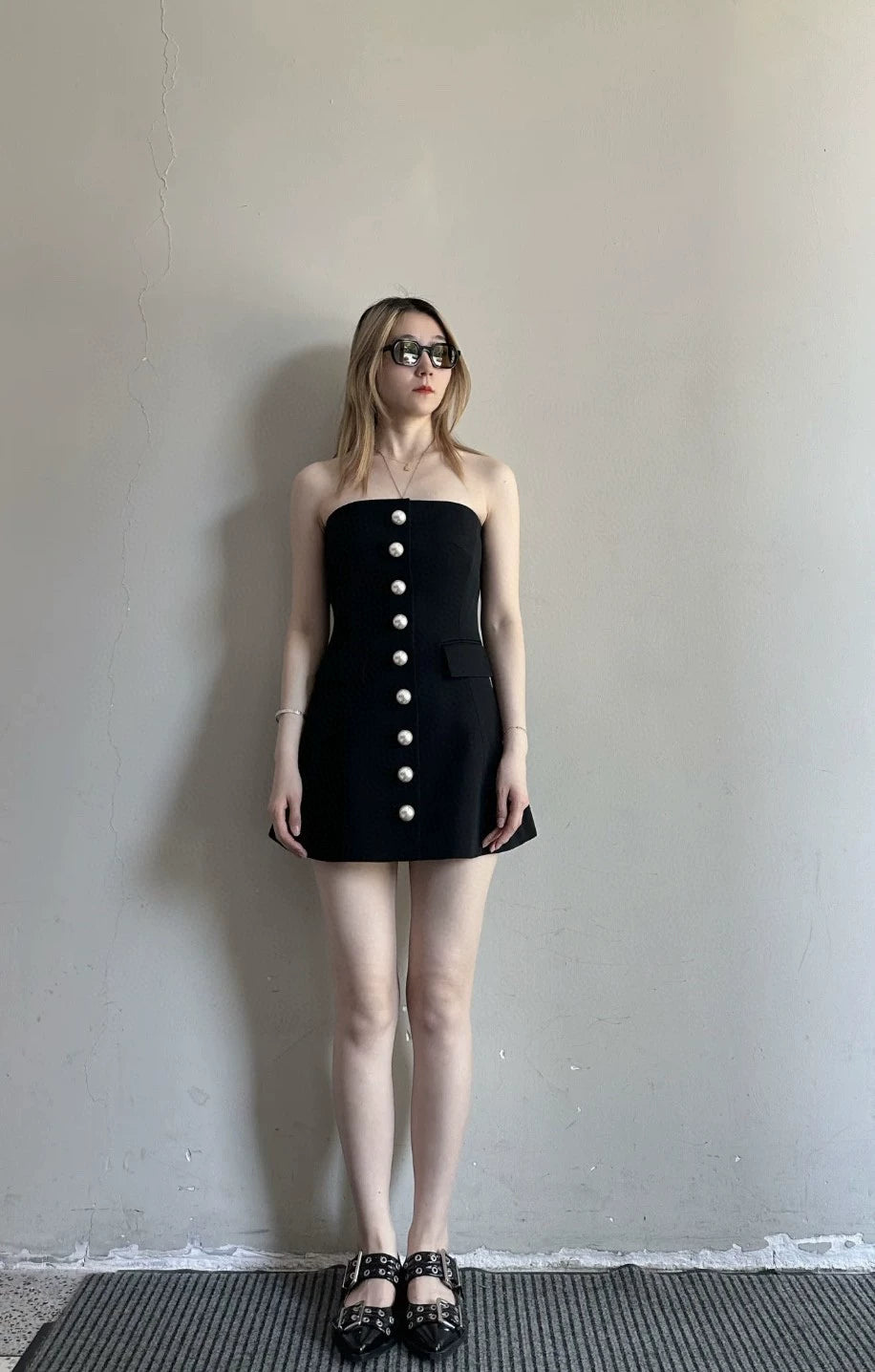 BA 25 new grain wool pearl single-breasted tube top dress
