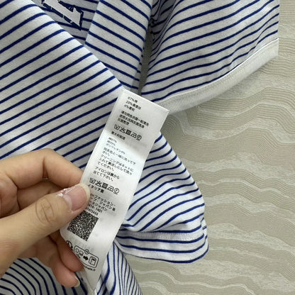 CE 25 College style blue striped cotton letter short-sleeved T-shirt