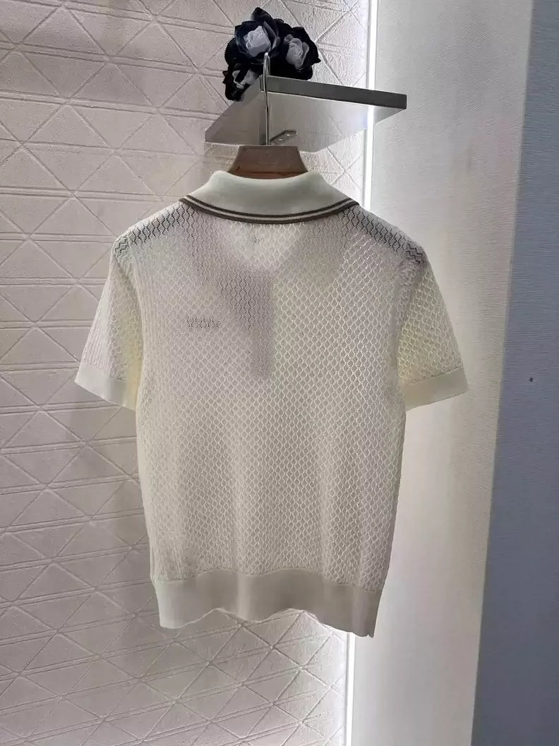 M 25 Hollow knitted lapel short-sleeved top!