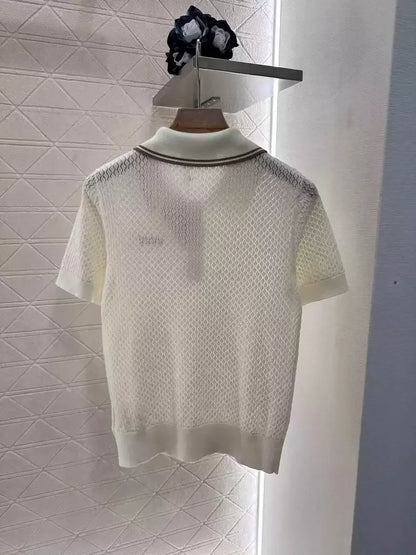 M 25 Hollow knitted lapel short-sleeved top!