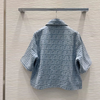 F 25 New Lettered Jacquard Zipper Lapel Short Sleeve Denim Jacket