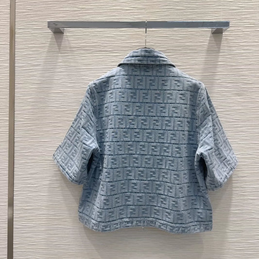 F 25 New Lettered Jacquard Zipper Lapel Short Sleeve Denim Jacket