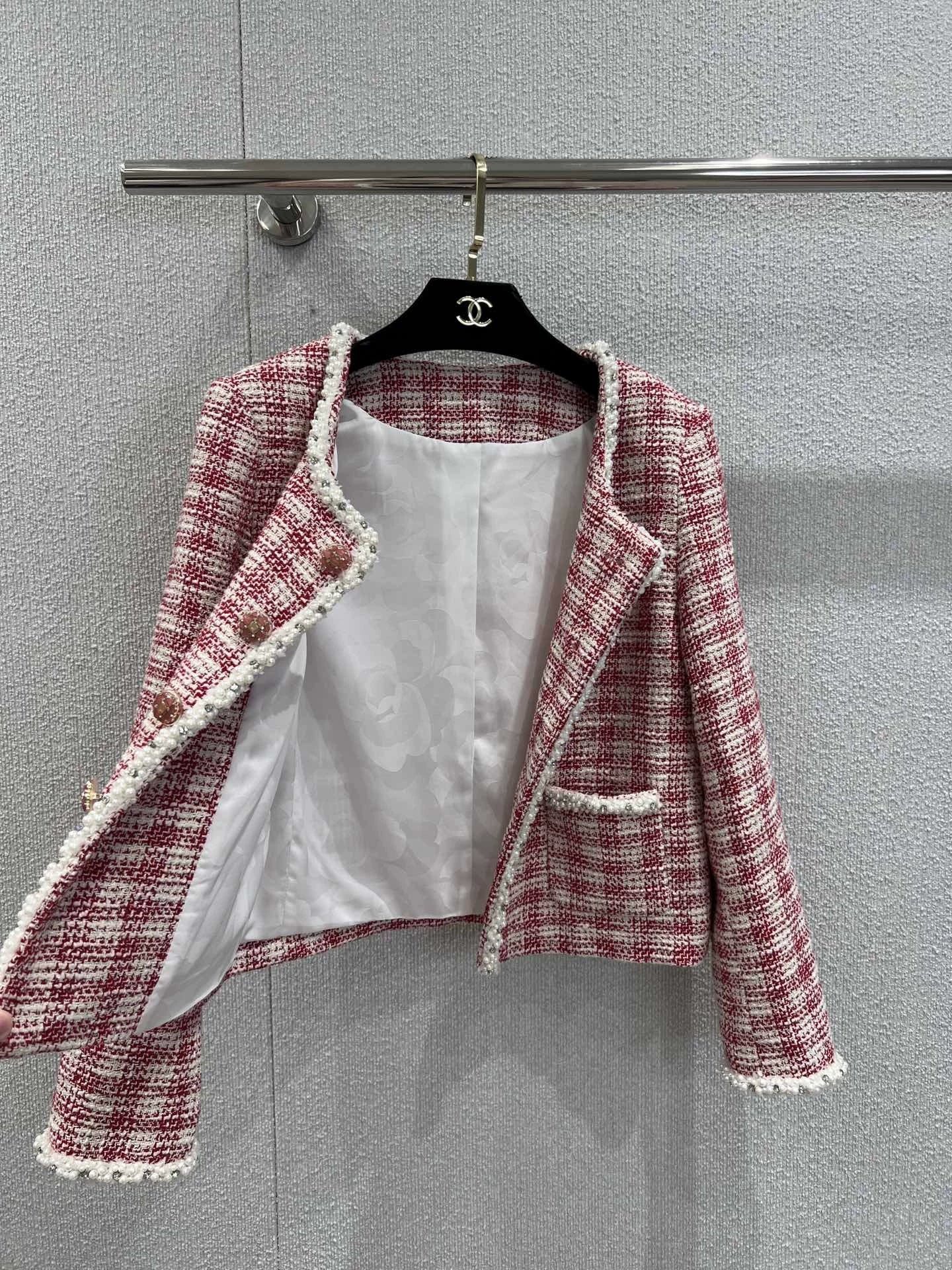 C 25 Red and white checked tweed jacket with beaded trim