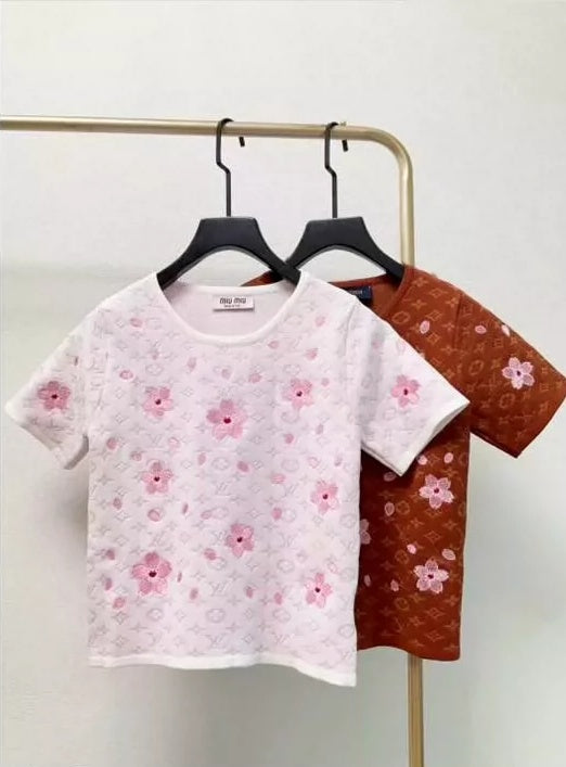L 25 New Letter Full Print Embossed Flower Embroidery Knit Crew Neck Short Sleeve